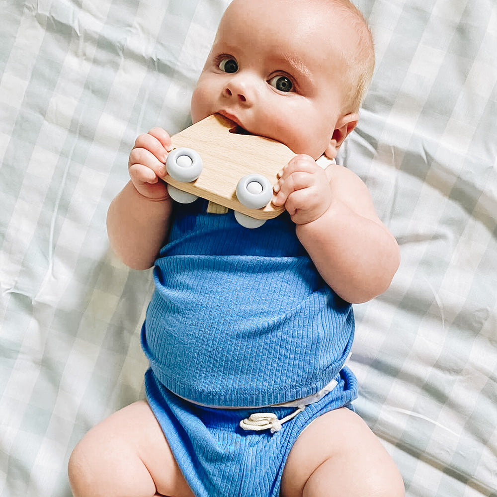 Blue Bunny Silicone + Wood Teether with Wheels