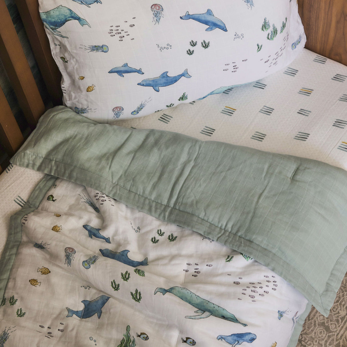 Cotton Muslin Toddler Bedding 3 Piece Set - Whales