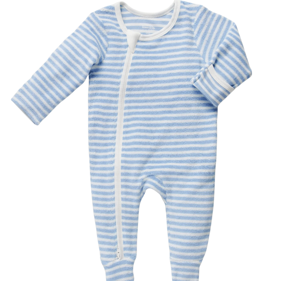 Terry Toweling Zip Onesie - Sky Stripe - HoneyBug 