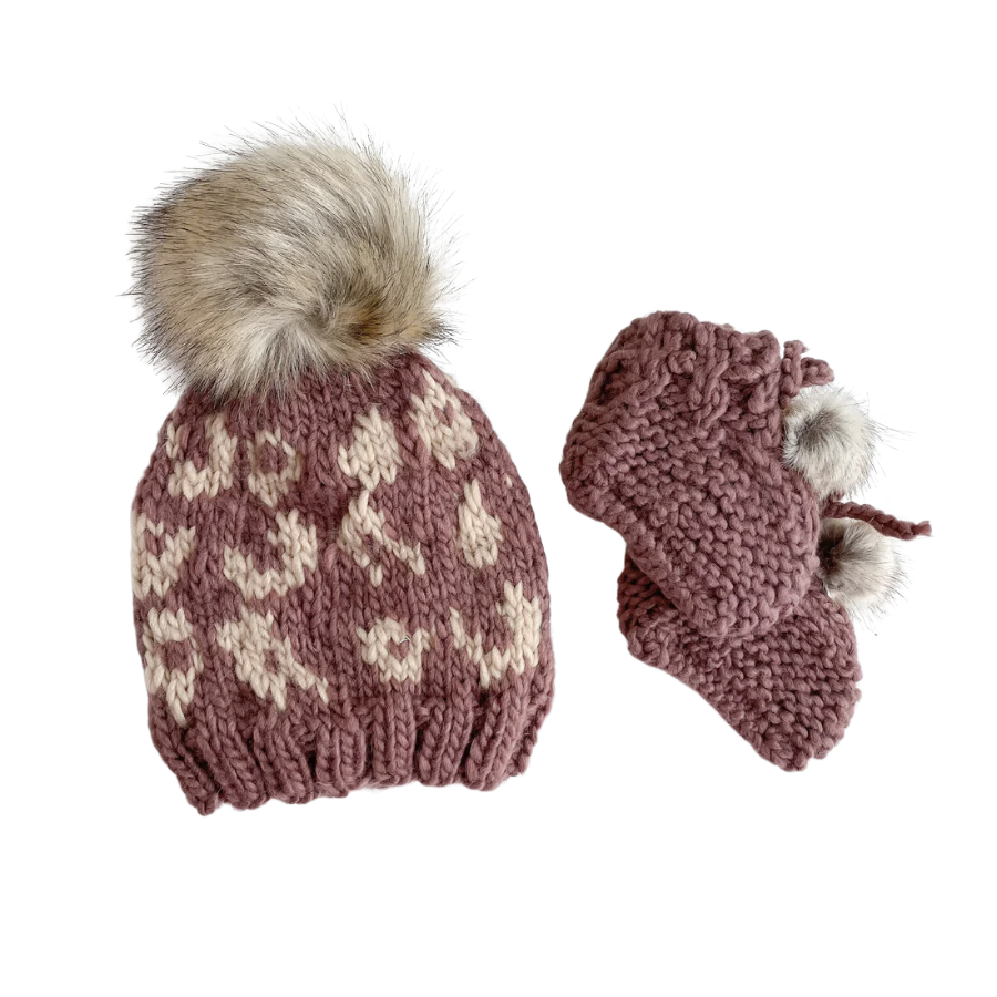 Cheetah Hat and Booties Set - Mauve - HoneyBug 