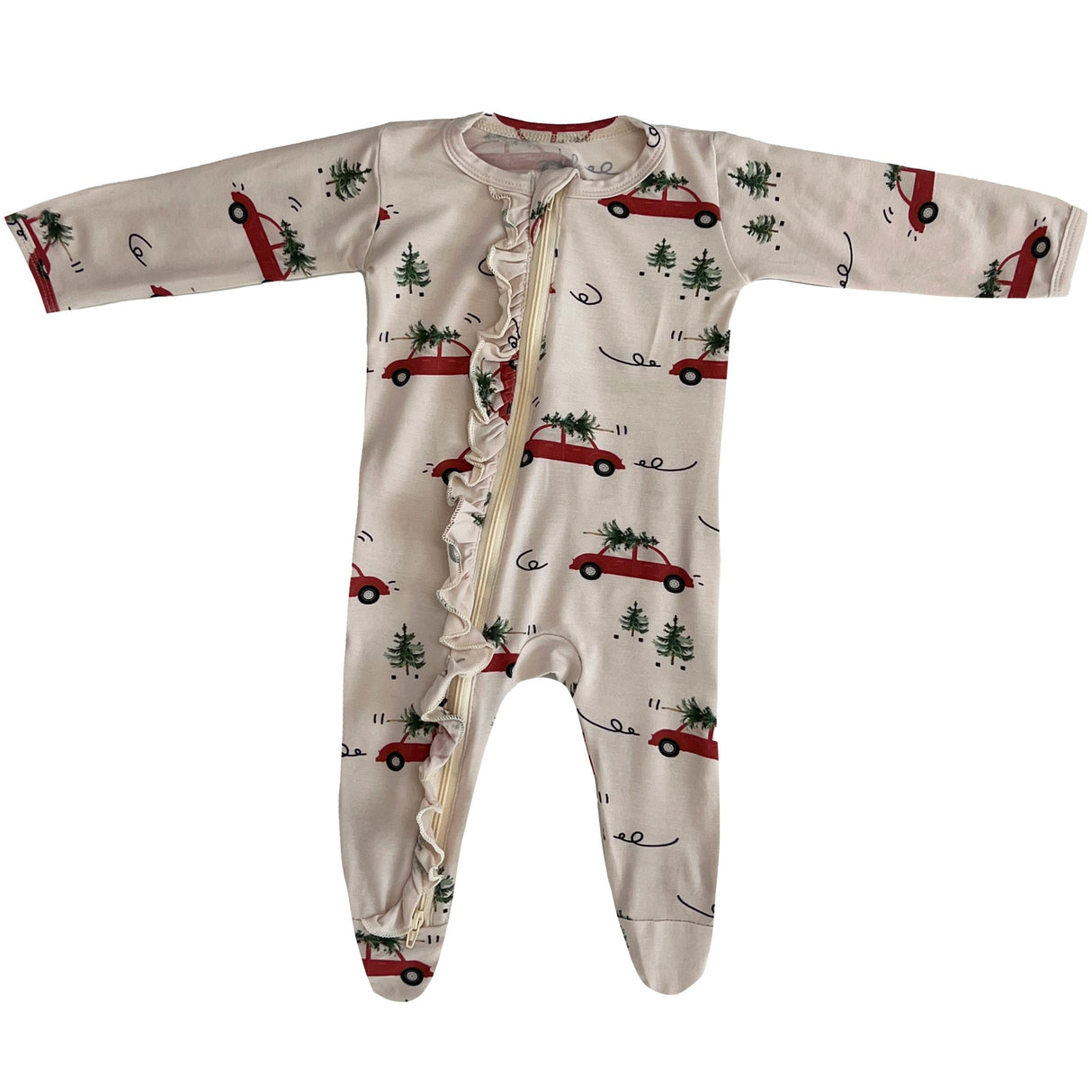 Ruffle 2 Way Zip Romper - Vintage Christmas