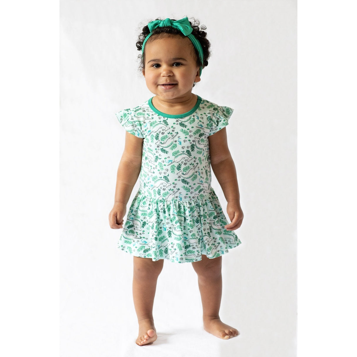 Aquamarine Narwhals Twirling Bodysuit Dress (3-18m) - HoneyBug 