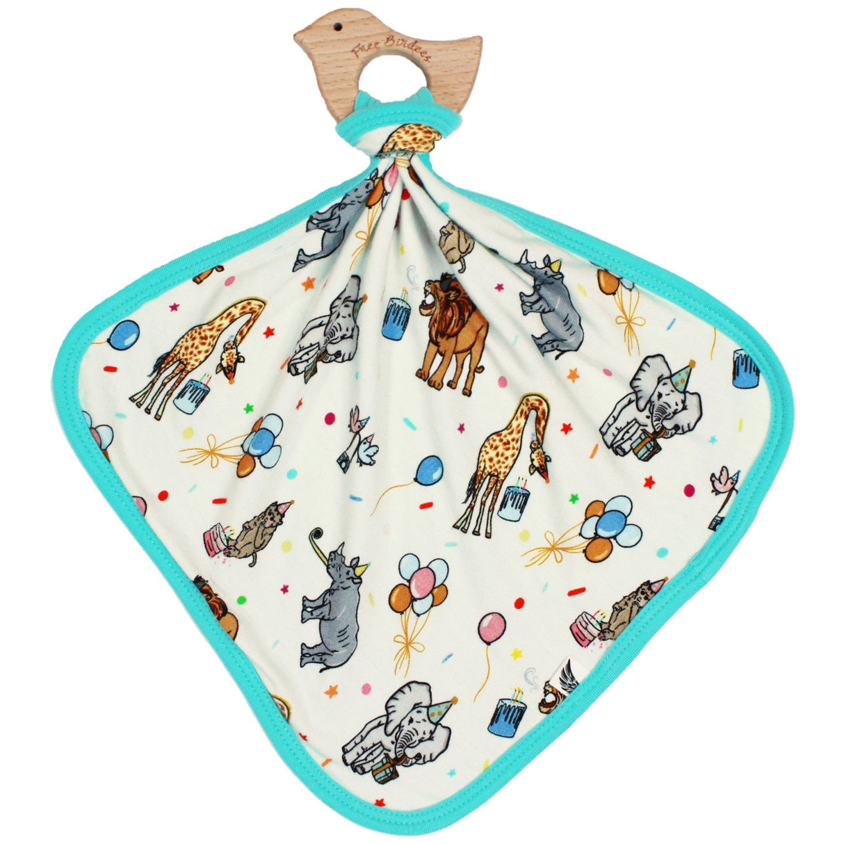 Birthday Party Animals Take the Cake Lovey with Wooden Teether