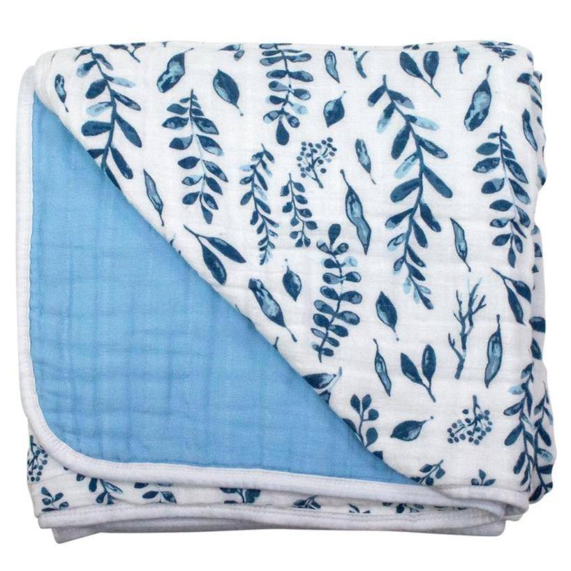 Blue Leaves + Cornflower Premium Cotton Snuggle Blanket - HoneyBug 