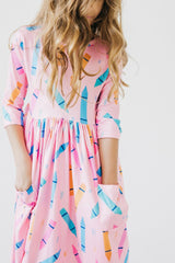 Color Crayons 3/4 Sleeve Pocket Twirl Dress