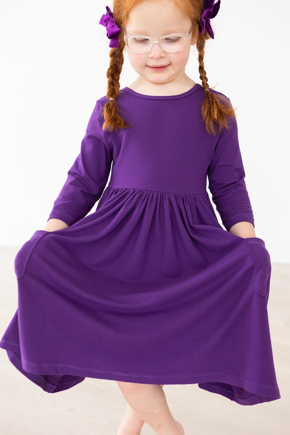 Purple 3/4 Sleeve Pocket Twirl Dress