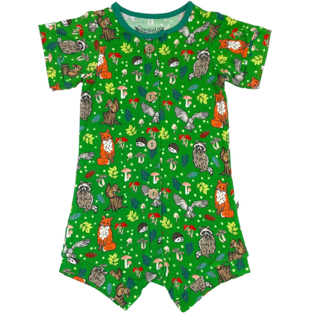 Enchanted Forest Woodland Animals Short Two-Way Zippy Romper with Faux Buttons (0-3T)