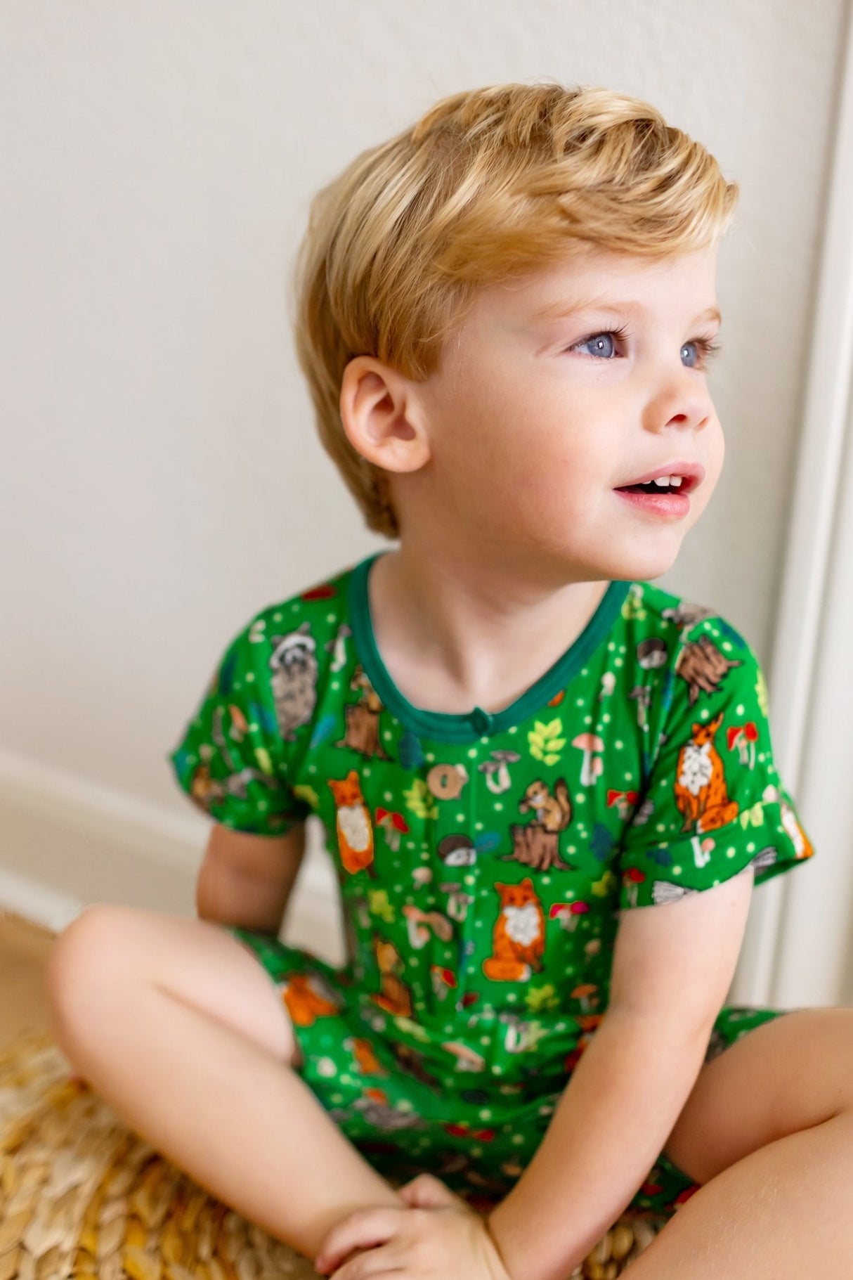 Enchanted Forest Woodland Animals Short Two-Way Zippy Romper with Faux Buttons (0-3T)