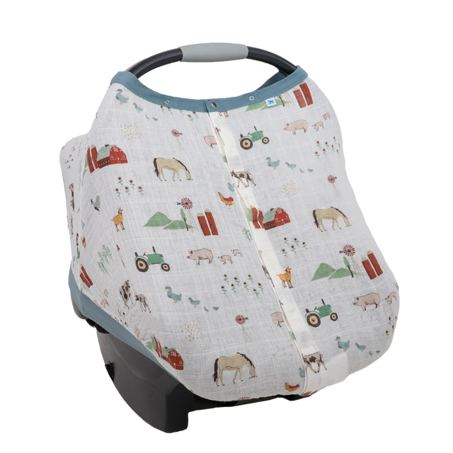 Cotton Muslin Car Seat Canopy - Farmyard - HoneyBug 