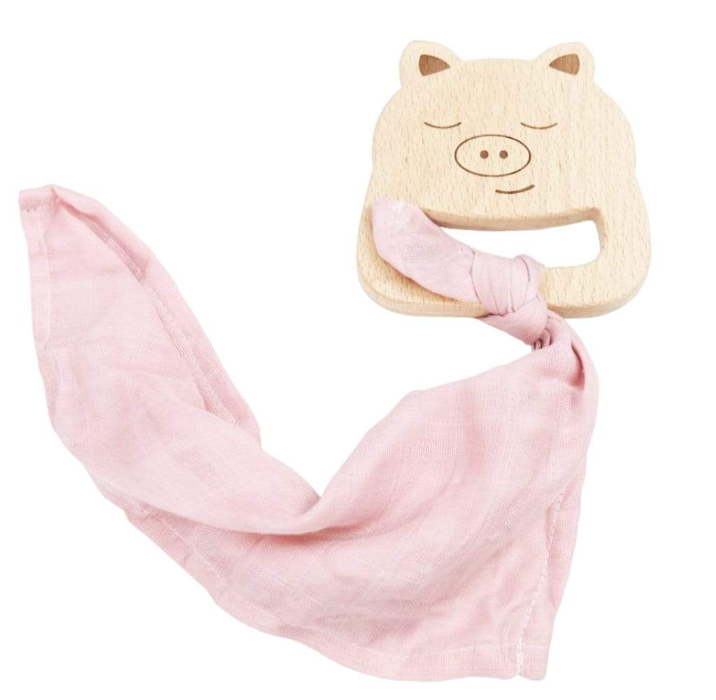 Pig Wooden Teether & Pink Blankie