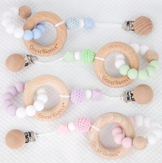 Attachable Wooden & Silicone Teether with Clasp (4 Colors)