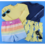 RuggedButts Boys Rainbow Stripe Swim Trunks & Rash Guard with Roshambo Blue Sunglasses - HoneyBug 