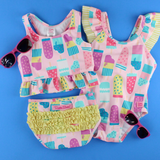 RuffleButts Toddler Ice Cream Tankini with Roshambo Pink Glitter Sunglasses - HoneyBug 