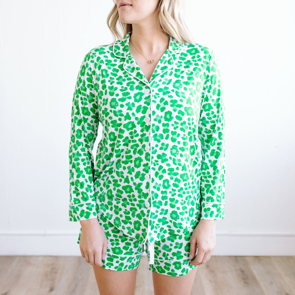 Green Leopard Women’s Button Down Short Set