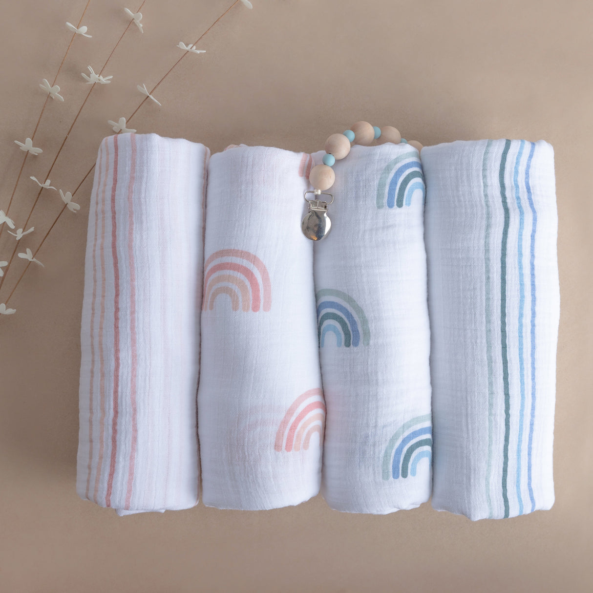 2 Pack Cotton Muslin Swaddle Blanket - Dusty Pink Rainbow - HoneyBug 