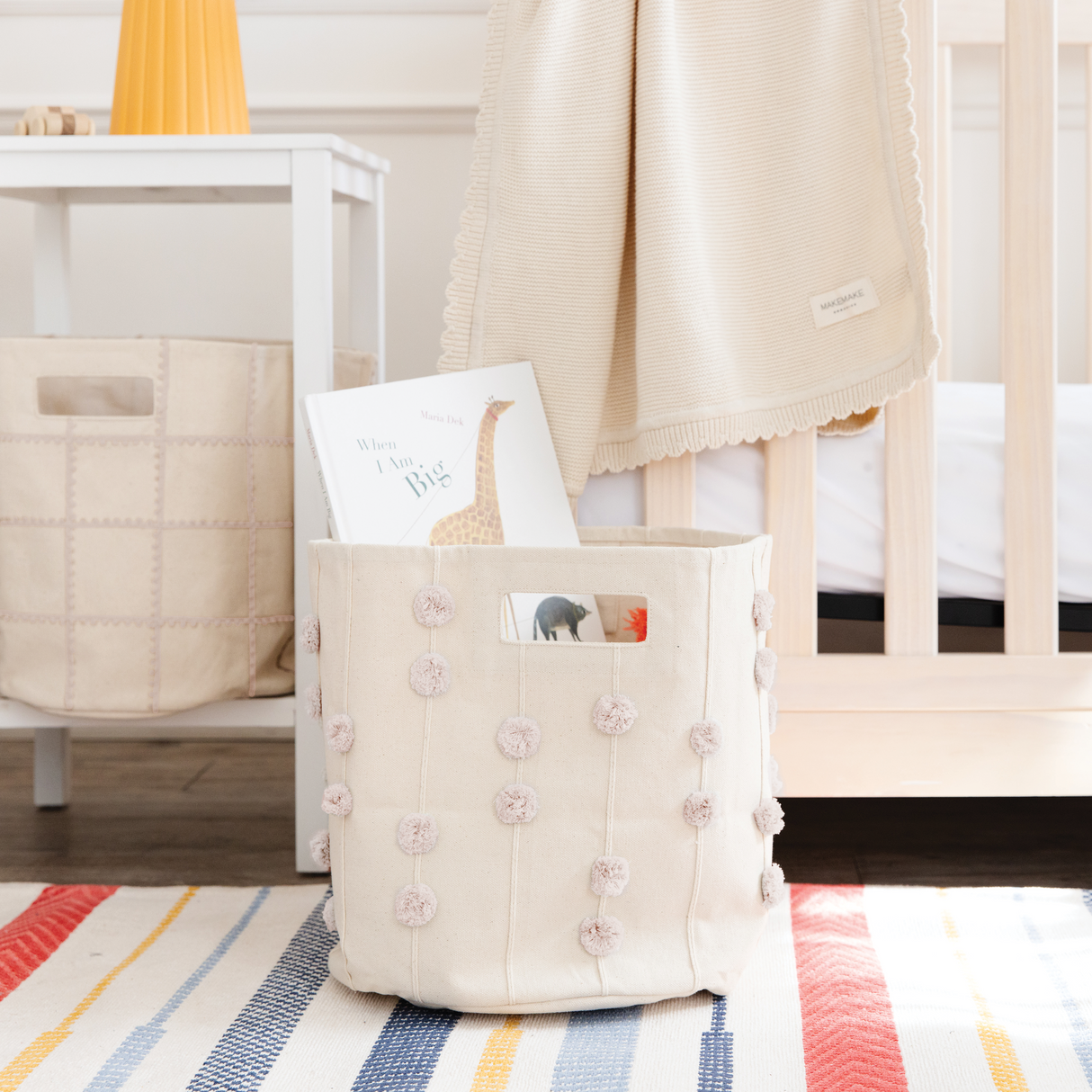 Handmade Canvas Storage Basket Pom Pom - Blush Oat