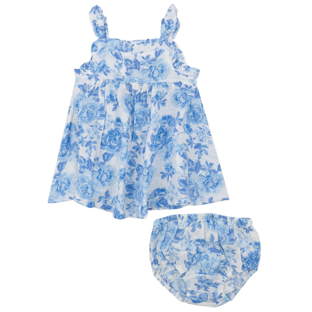 Paperbag Ruffle Sundress With Dc - Roses In Blue - HoneyBug 