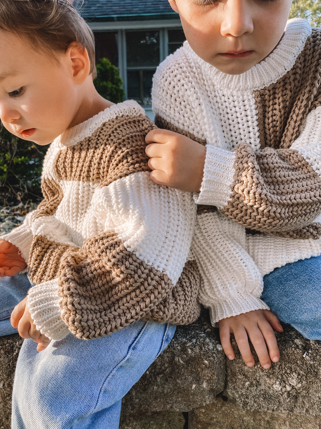 white + taupe check sweater