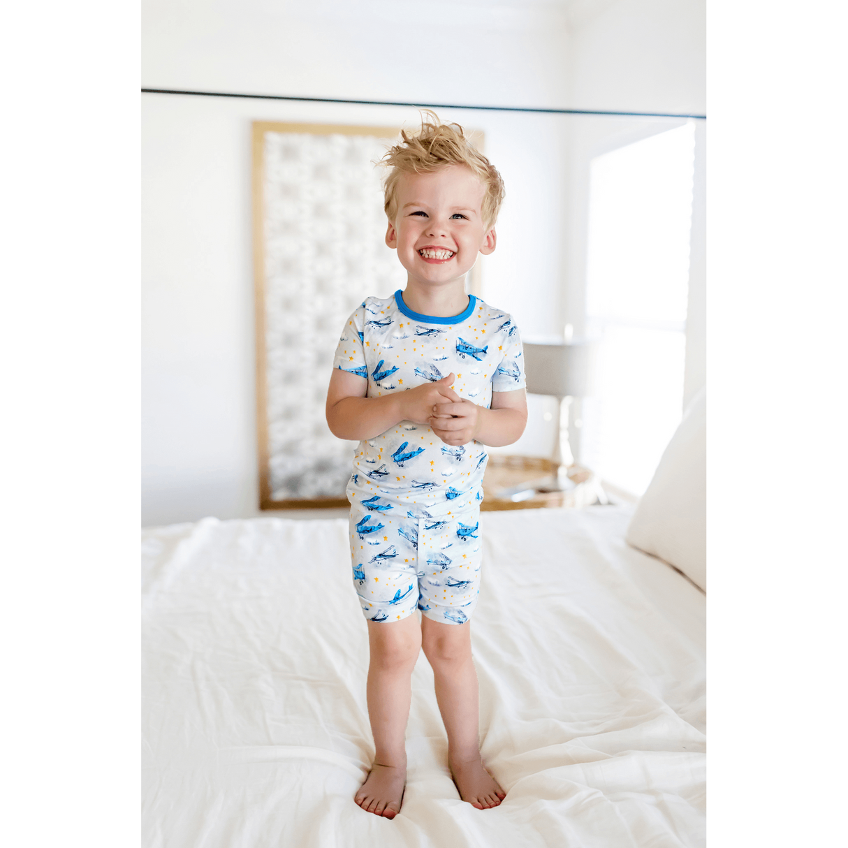 Planes Flying on Cloud 9 Short Sleeve and Shorts Pajama Set (2T-12Y) - HoneyBug 