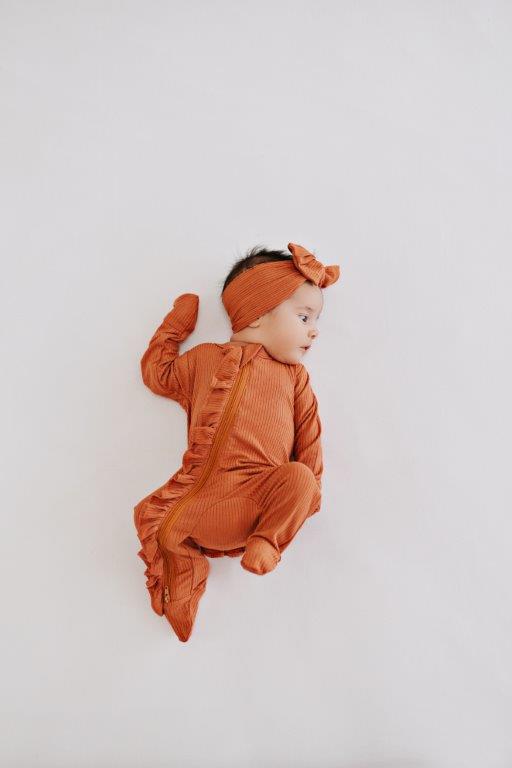 Ruffle 2 Way Zip Romper - Ribbed Rust