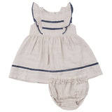 Ruffle Dress With Trim - Oatmeal Solid Muslin - HoneyBug 