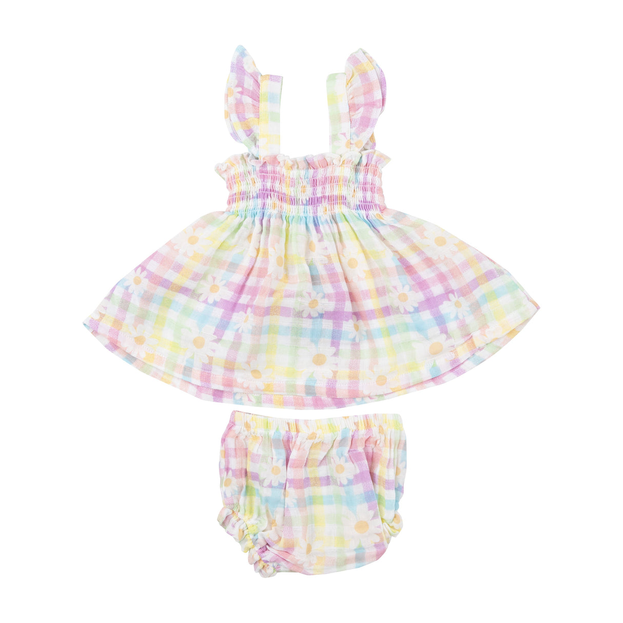 Ruffle Strap Smocked Top And Diaper Cover - Gingham Daisy - HoneyBug 