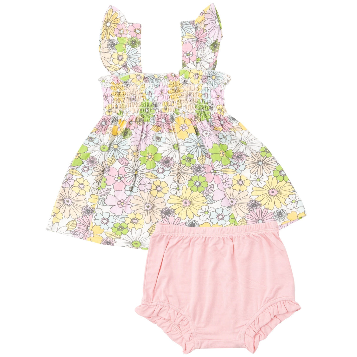 Ruffle Strap Smocked Top And Diaper Cover - Mixed Retro Floral