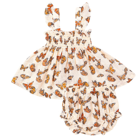 Ruffle Strap Smocked Top And Diaper Cover - Painted Monarch Butterflies - HoneyBug 