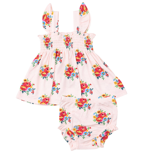 Ruffle Strap Smocked Top And Diaper Cover - Pretty Bouquets - HoneyBug 