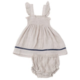 Ruffle Strap Smocked Top And Diaper Cover With Trim - Oatmeal Solid Muslin - HoneyBug 