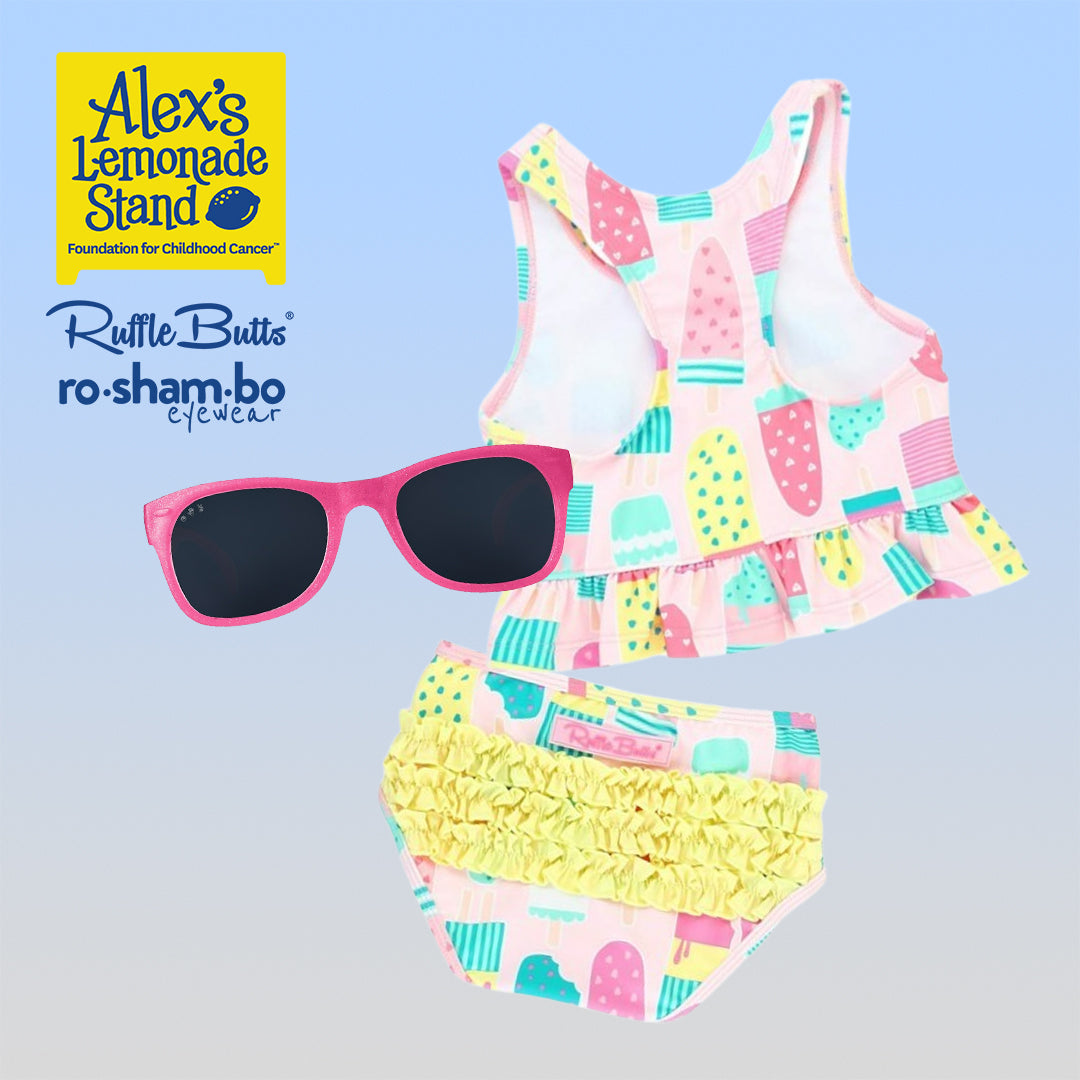 RuffleButts Toddler Ice Cream Tankini with Roshambo Pink Glitter Sunglasses - HoneyBug 