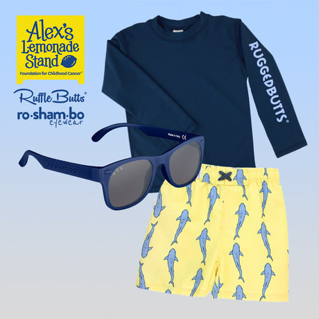 RuggedButts Boys Jawsome Swim Trunks & Rash Guard with Roshambo Navy Sunglasses - HoneyBug 