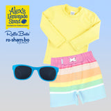 RuggedButts Baby Rainbow Stripe  Swim Trunks & Rash Guard with Roshambo Blue Sunglasses - HoneyBug 