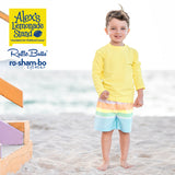 RuggedButts Boys Rainbow Stripe Swim Trunks & Rash Guard with Roshambo Blue Sunglasses - HoneyBug 