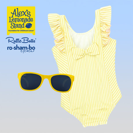 RuffleButts Girls Seersucker One Piece with Roshambo Yellow Sunglasses - HoneyBug 