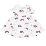 S/S Twirly Dress - Pink Tractors - HoneyBug 