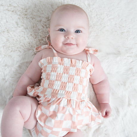 Smocked Bubble W/ Skirt - Checkerboard Pink - HoneyBug 