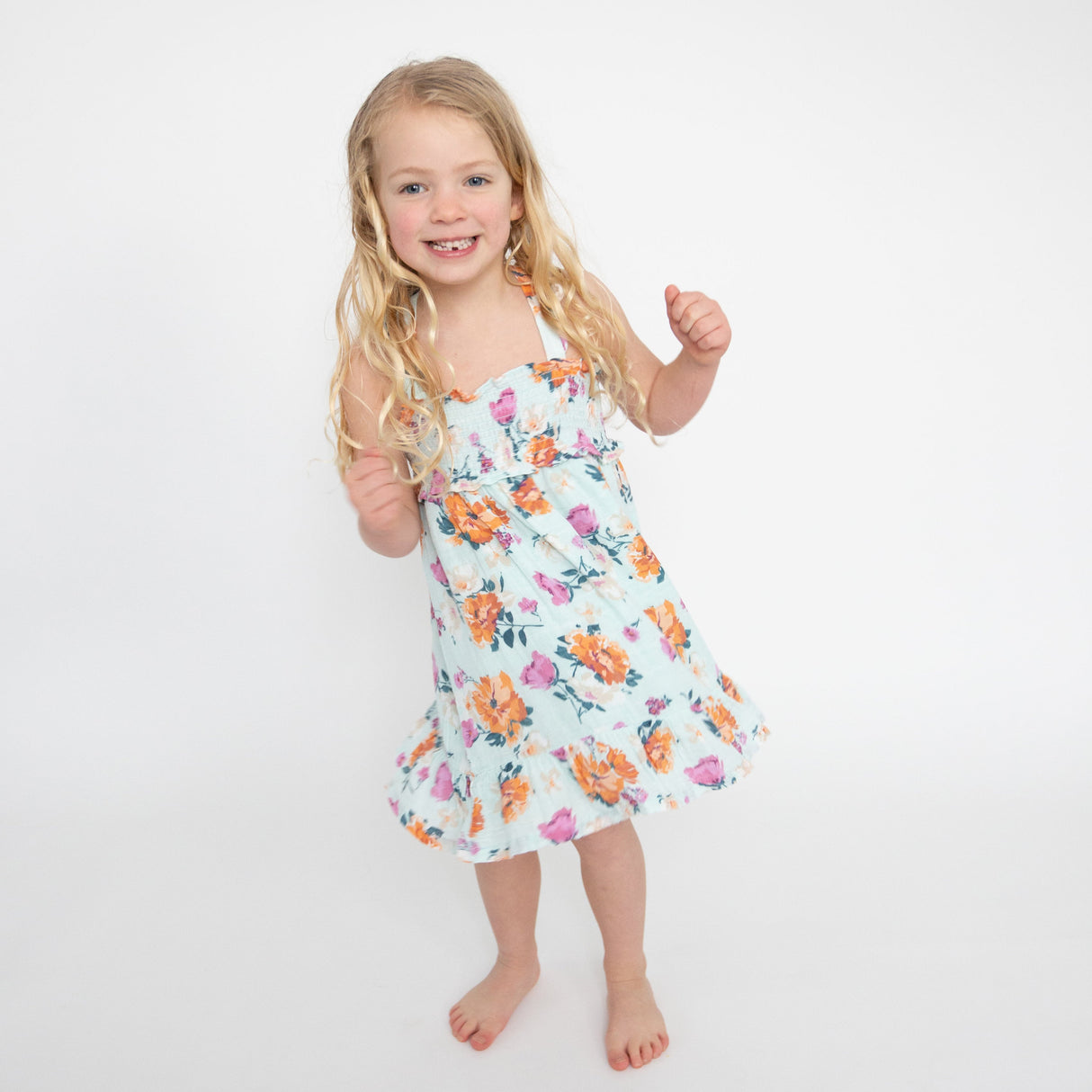 Smocked Ruffle Sundress & Diaper Cover - Soft Petals Floral - HoneyBug 