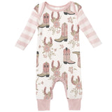 Cowgirl Boots Bamboo Romper w/Pink Stripe Sleeves