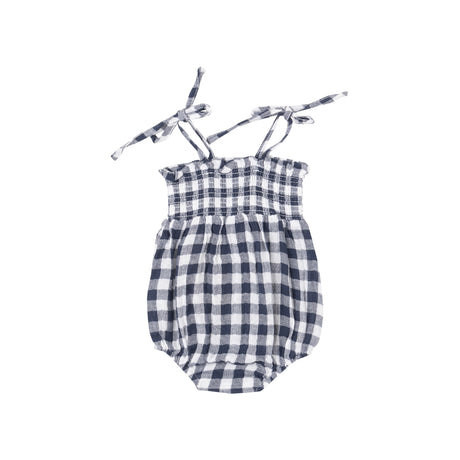 Tie Strap Smocked Bubble - Gingham Navy - HoneyBug 