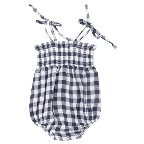 Tie Strap Smocked Bubble - Gingham Navy - HoneyBug 