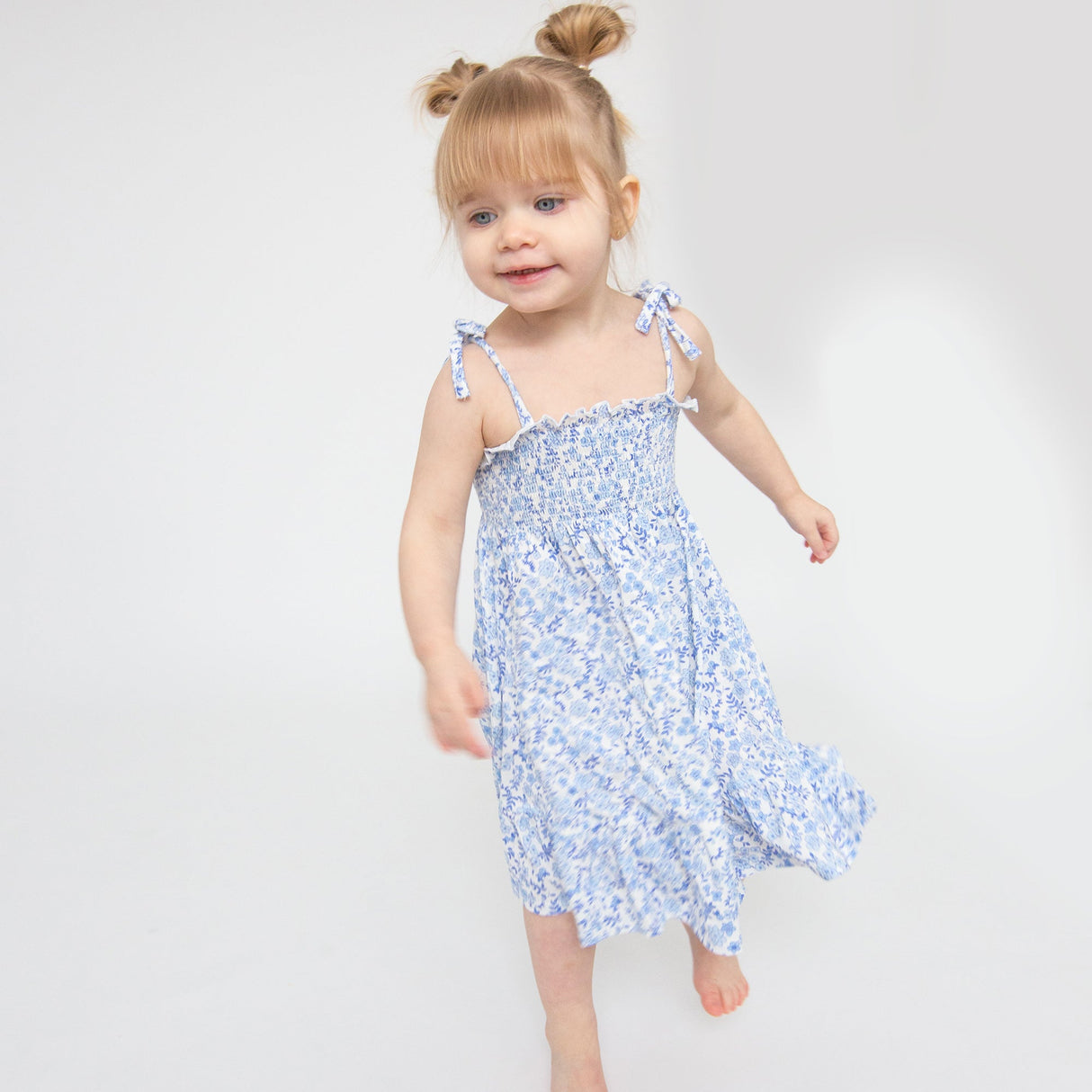 Tie Strap Smocked Sun Dresss Diaper Cover - Blue Calico Floral - HoneyBug 