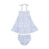 Tie Strap Smocked Sun Dresss Diaper Cover - Blue Calico Floral - HoneyBug 