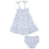 Tie Strap Smocked Sun Dresss Diaper Cover - Blue Calico Floral - HoneyBug 