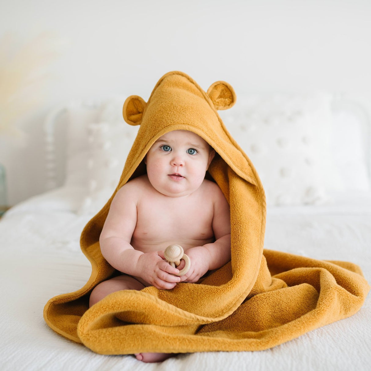 Organic Cotton Hooded Towel - Mustard - HoneyBug 