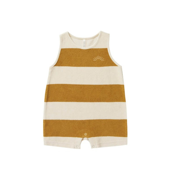 Terry Sleeveless Romper | Gold Stripe - HoneyBug 