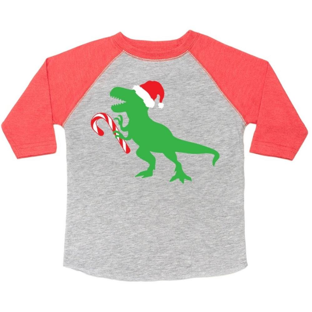 Santa Dino Long Sleeve Shirt - Heather/Red - HoneyBug 