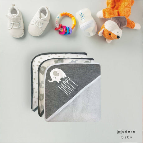 3Pk Hooded Towel W/ 3Pk Wash Cloth - Happy Elephant Grey - HoneyBug 