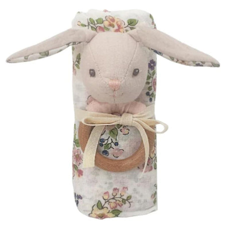 Floral Muslin And Bunny Wood Rattle Gift Set - HoneyBug 