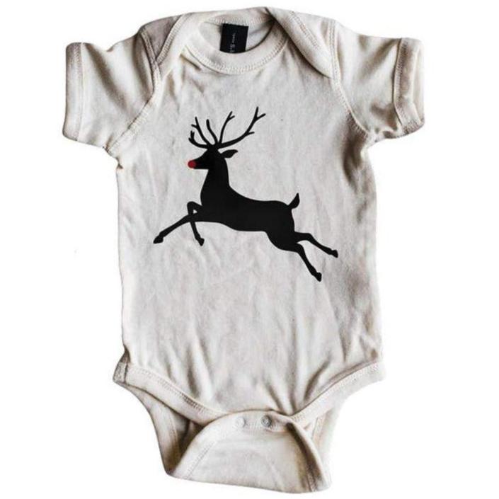 Cream Short Sleeve Rudolph The Reindeer Christmas Bodysuit - HoneyBug 